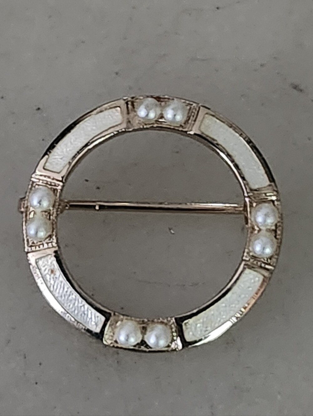 Gold-Tone White Enamel & Faux Seed Pearl Circle Brooch
